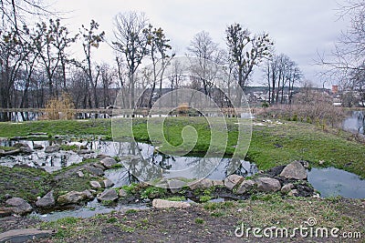 Cloudy autumn morning. Fresh nature. Bright sunrise in the meadow. Stock Photo