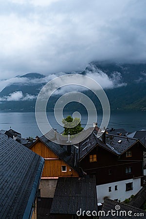 Cloudy blue hour in Hallstatt that is located in Austria. Perfect travel European travel destination for tourism from all over the Editorial Stock Photo