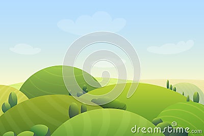 Cloudy blue sky over green hills and green trees in meadow cartoon cute vector illustration landscape. Vector Illustration