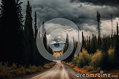 On a cloudy day, a forest road. National Park in Montana, United States Stock Photo
