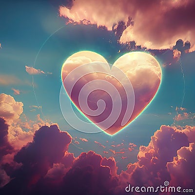 Cloudy heart in the sky. Glowing heart from the clouds. Surrealistic image. AI-generated Stock Photo