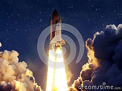 Cloudy launch of rocket into starry outer space. Stock Photo