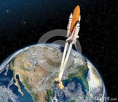 Cloudy launch of rocket into starry outer space. Stock Photo