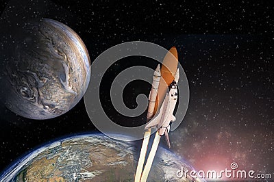 Cloudy launch of rocket into starry outer space. Stock Photo