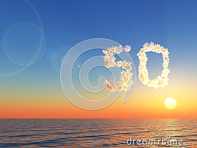 Cloudy number fifty over water - 3d rendering Cartoon Illustration