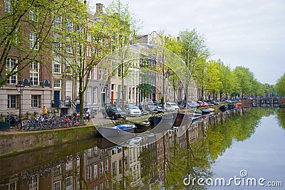 Cloudy September morning on the city channel. Amsterdam, Netherlands Editorial Stock Photo