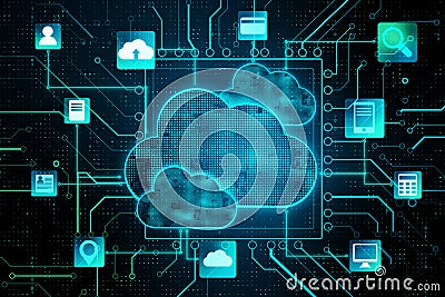 Cloudy service concept with abstract digital interface with cloud elements, electric diagram and service opportunities signs. 3D Stock Photo