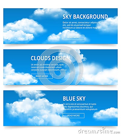 Cloudy sky banners. Realistic clouds weather condensation blue afternoon vector template with place for your text Vector Illustration