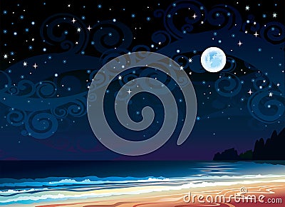 Cloudy sky with full moon, beach and sea Stock Photo