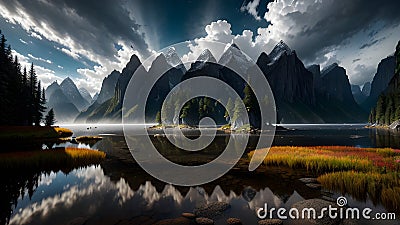 Cloudy Sky Mountains river Lake landscape design illustration. ai generated Stock Photo