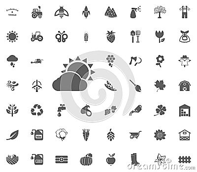 Cloudy sun icon. Gardening and tools vector icons set Stock Photo