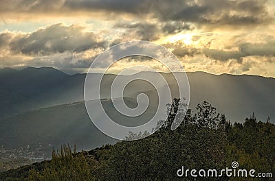 Cloudy sunrise in Mediterranean mountain Stock Photo