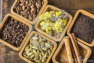 Clove, cinnamon,cardamom,tea,coffee bean Stock Photo