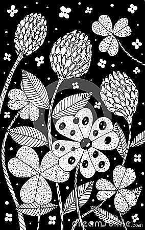 Clover - flower illustration. Black and white ink floral drawing. Coloring book for adults. Line art. Vector artwork Vector Illustration