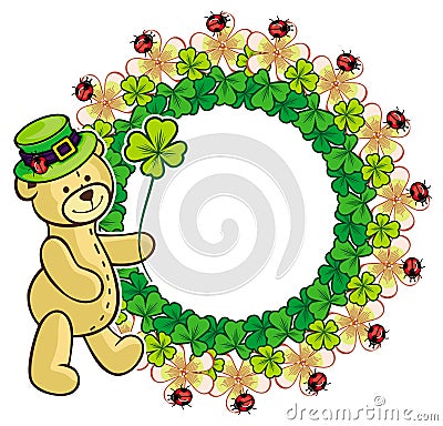 Clover frame and cute teddy bear in green hat. Raster clip art. Stock Photo