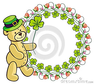 Clover frame and cute teddy bear in green hat. Raster clip art. Stock Photo