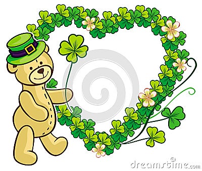 Clover frame and cute teddy bear in green hat. Raster clip art. Stock Photo