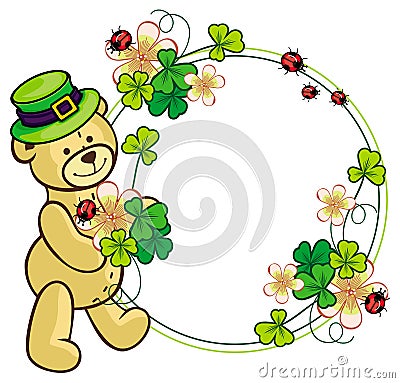 Clover frame and cute teddy bear in green hat. Raster clip art. Stock Photo