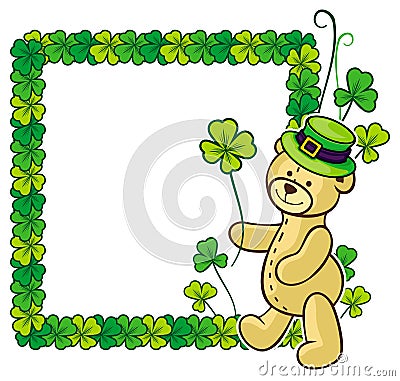 Clover frame and cute teddy bear in green hat. Raster clip art. Stock Photo