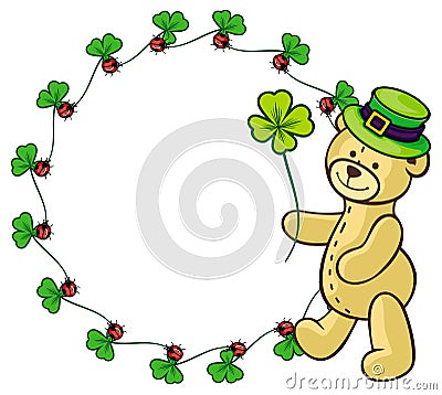 Clover frame and cute teddy bear in green hat. Raster clip art. Stock Photo