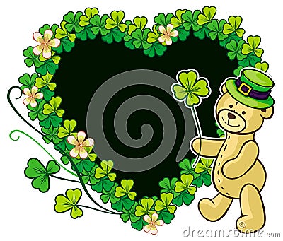 Clover frame and cute teddy bear in green hat. Raster clip art. Stock Photo