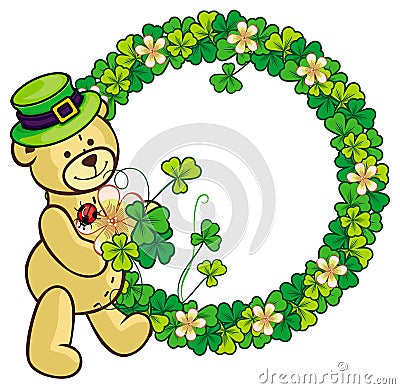 Clover frame and cute teddy bear in green hat. Raster clip art. Stock Photo