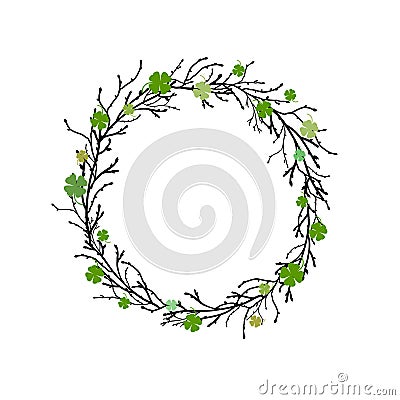 Clover garland with wreath from black branches and twigs on white background Vector Illustration