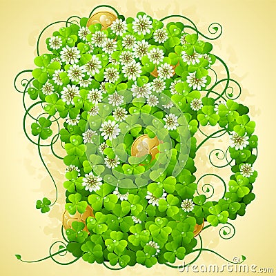 Clover and golden coin in the shape of beer mug Vector Illustration