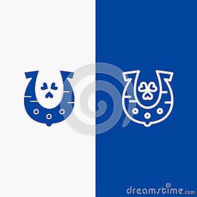 Clover, Golden, Horseshoe, Luck Line and Glyph Solid icon Blue banner Line and Glyph Solid icon Blue banner Vector Illustration