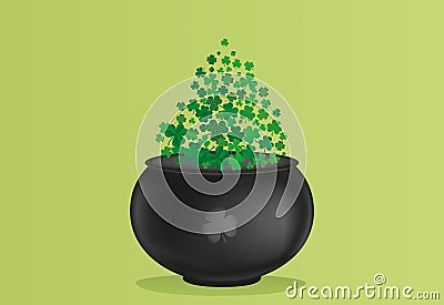 Clover inside the pot. A trefoil leaf flying comes out of the kettle Cartoon Illustration