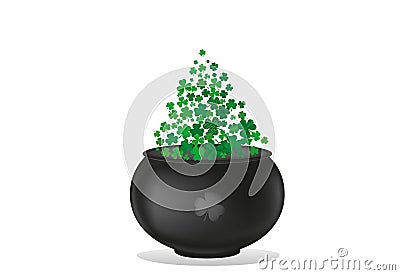 Clover inside the pot. A trefoil leaf flying comes out of the kettle Cartoon Illustration