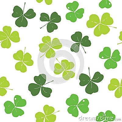 Clover leaf hand drawn doodle seamless pattern vector illustration. St Patricks Day symbol, Irish lucky shamrock background. Vector Illustration