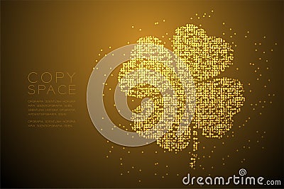 Clover 4 leaf shape Particle Geometric Bokeh circle dot pixel pattern gold color illustration on brown gradient background with Vector Illustration