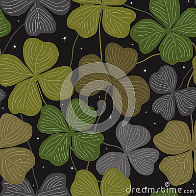 Clover leaf vector seamless pattern, hand drawn doodle illustration. St Patricks Day symbols, Irish lucky shamrock on Vector Illustration