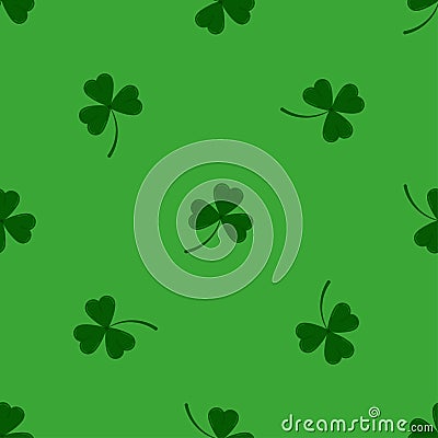 Clover leaves shamrock seamless pattern on green background. Vector Illustration