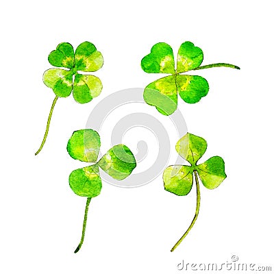 Clover set for Saint Patricks day, watercolor illustration in hand-drawn style. Cartoon Illustration