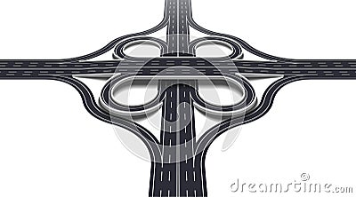 Cloverleaf interchange two level perspective. 3D four way interchange with loop ramps, underpass and overpass. Detailed Stock Photo