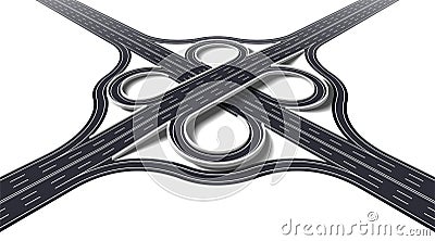 Cloverleaf interchange two level perspective. 3D four way interchange with loop ramps, underpass and overpass. Detailed Stock Photo