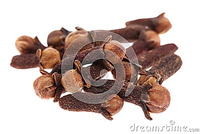 Cloves spice. Some dried cloves, macro close-up Isolated on white background, with a light shadow. Stock Photo