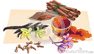 Cloves, vanilla, saffron and a few pieces of cinnamon. Stock Photo