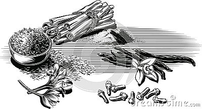 Cloves, vanilla, saffron and a few pieces of cinnamon. Stock Photo