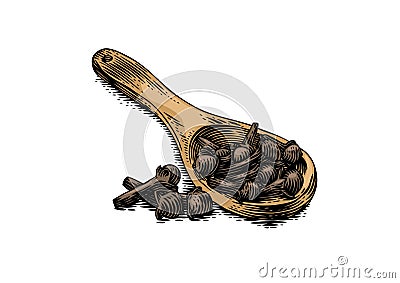 Cloves on the wooden scoop Vector Illustration