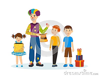 Clown animator, shows tricks and scenes, amusing and delighting children. Vector Illustration