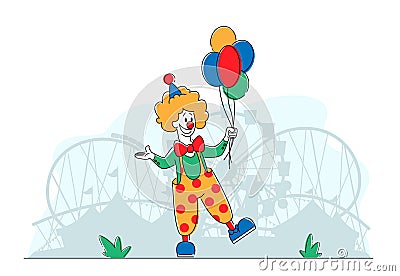 Clown Comedian in Amusement Park, Big Top Smiling Joker Character with Balloons. Jester Performer Vector Illustration