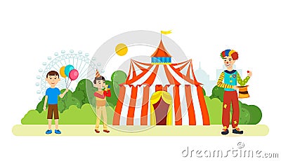 Clown entertains children in front of building of the circus. Vector Illustration
