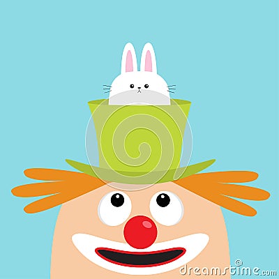 Clown face head looking up. Eyes, red nose, mouth smile, orange hair. Rabbit hare in magician magic hat. Cute cartoon funny baby c Vector Illustration