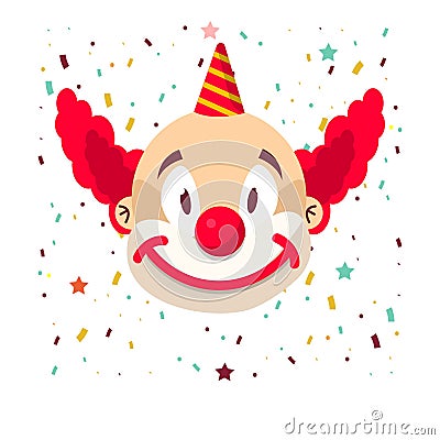 Clown face smile in wig and birthday cap. Vector icon of cartoon circus funny comic man Vector Illustration