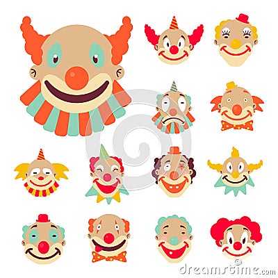 Clown faces with colourful wigs and accessories icons Vector Illustration