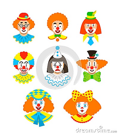 Clown faces different cartoon avatars Vector Illustration