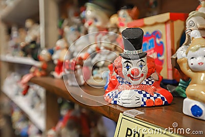 Clown figurines decorate the Clown Motel's shelves. Editorial Stock Photo